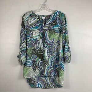 Chico’s Paisley Long Sleeve w/roll tab Tunic, 2 small pocket-Small